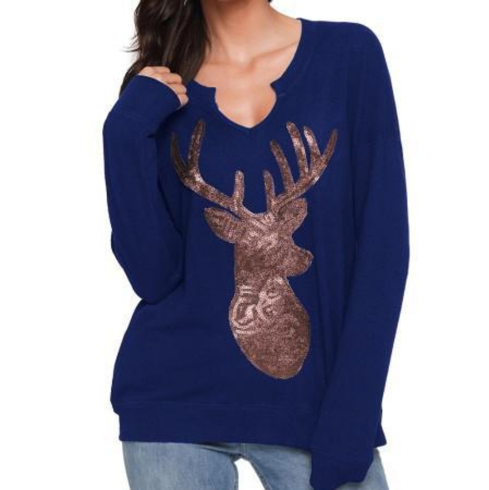 Blue Sequin Christmas Reindeer Top. Size XXL